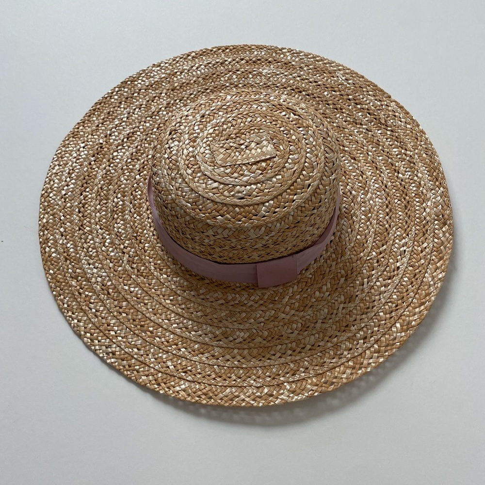 summer hat, color tan with a pink ribbon